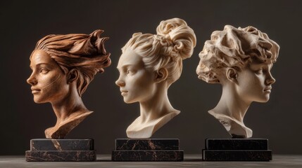 Elegant sculptures of three distinct female busts showcasing varied hairstyles and expressive features in a minimalist setting
