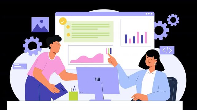 Vector character animation highlighting web development, with characters engaged in the coding and designing of websites, emphasizing user-centric design and functional functionality.