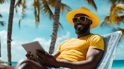 Relaxing under the sun with a tablet by the beach surrounded by palm trees