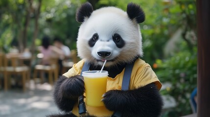 Fototapeta premium Cute panda drinking juice wearing clothes and suspenders