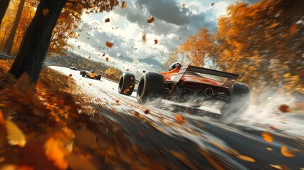 Racing cars speed through a vibrant fall landscape on a twisting road during the afternoon