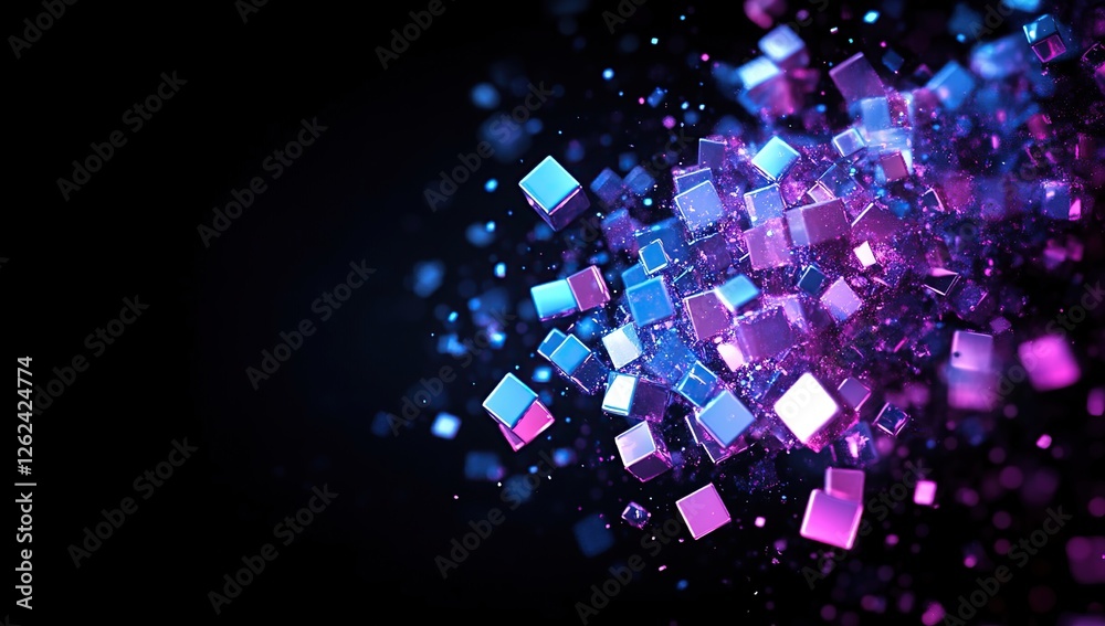 Poster exploding cubes: a dynamic 3d abstract art visual of purple and blue shiny blocks moving in dark spa