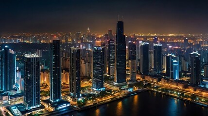 Fototapeta premium hong kong at Nighttime Cityscape with Illuminated High-Rises, Waterfront Reflection