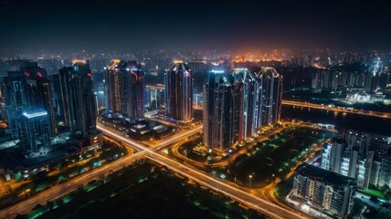 A stunning aerial view of a futuristic smart city at night with glowing buildings and illuminated roads, generate AI