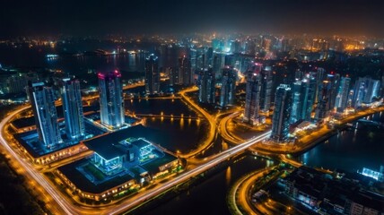 Obraz premium A stunning aerial view of a futuristic smart city at night with glowing buildings and illuminated roads, generate AI