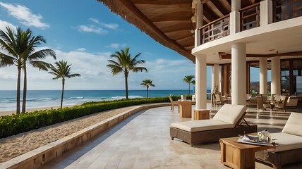 Fototapeta premium tropical resort hotel Luxurious Beachfront Resort, Tropical Outdoor Patio, Scenic Ocean View