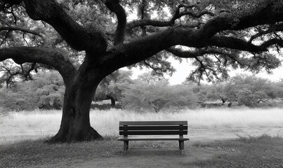 Quiet park bench under a large oak tree, offering peaceful solitude in a tranquil setting