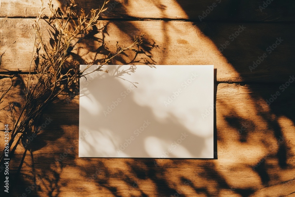 Poster Blank paper resting on wooden surface surrounded by delicate twigs casting shadows in soft natural light