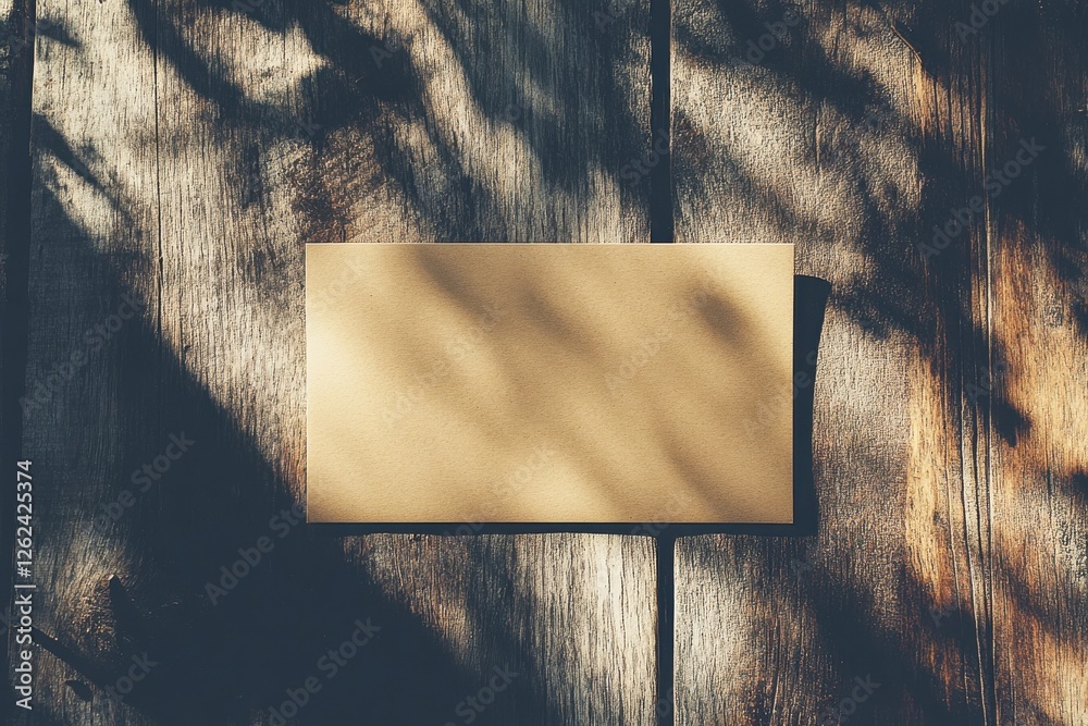 Poster blank kraft paper card resting on weathered wooden surface in soft natural light with interesting sh