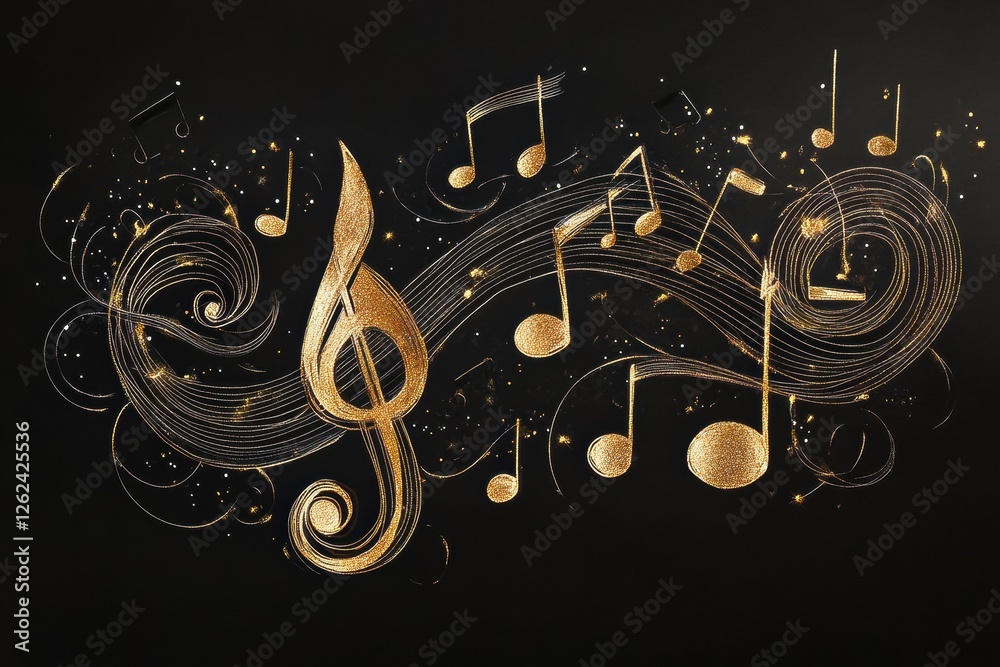 Poster elegant gold musical notes swirl against a dark background creating a captivating visual melody