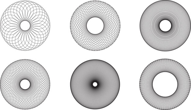 Collection of intricate geometric spirograph designs in black and white, showcasing symmetry, radial patterns, and mathematical aesthetics. Perfect for abstract art, digital backgrounds