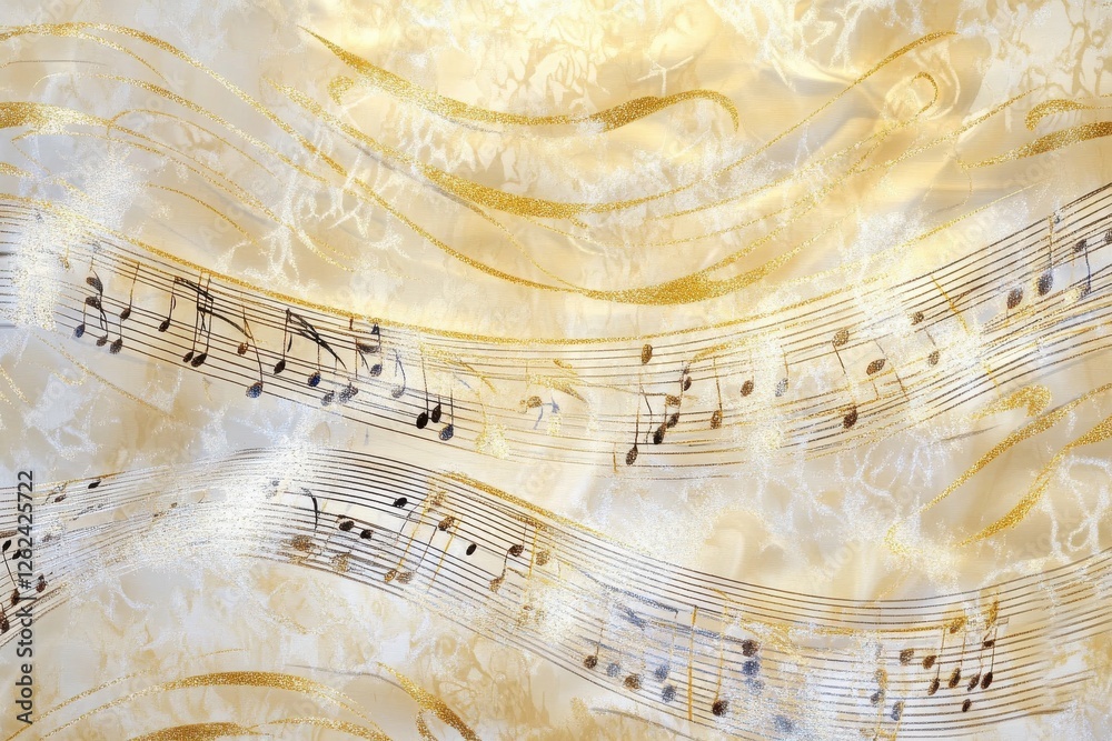 Poster Beautiful golden musical notes flowing across a soft textured background