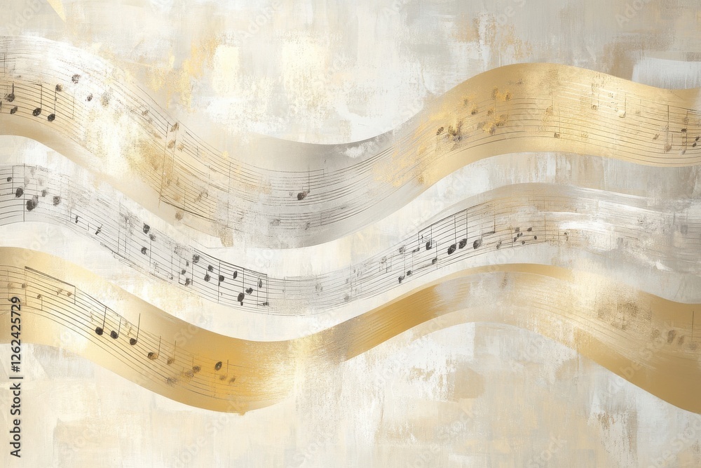Aufkleber abstract artwork featuring flowing musical notes in golden and silver tones on a textured background