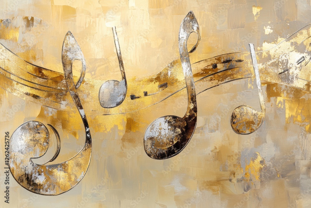 Poster metallic musical notes create a striking visual on a textured golden background, showcasing art that