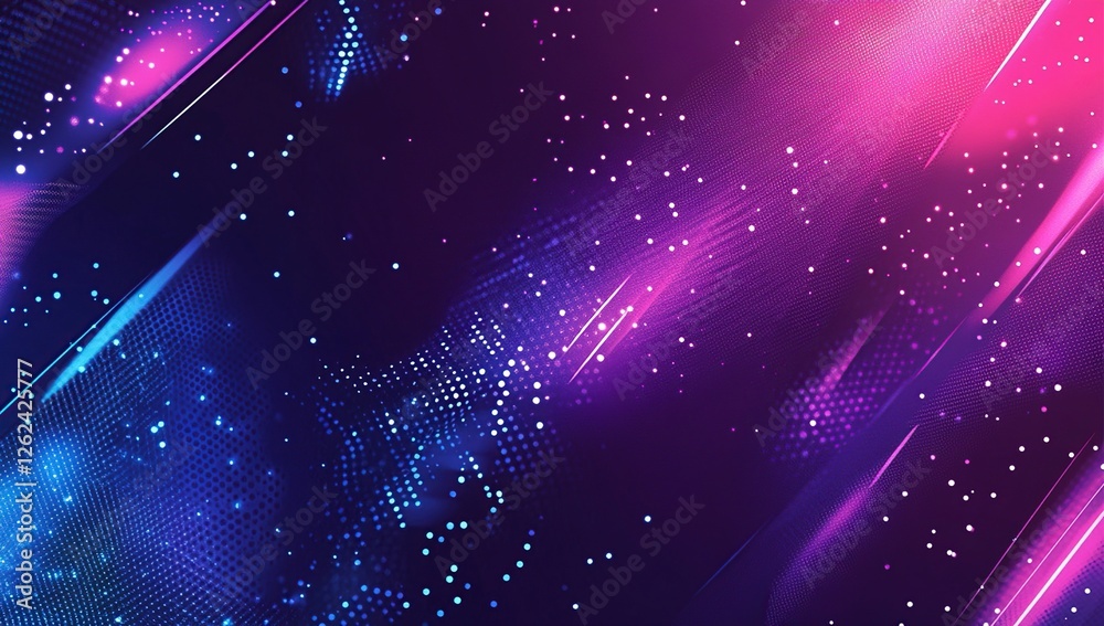 Poster abstract purple and blue glowing particle background with dynamic lines and halftone dots