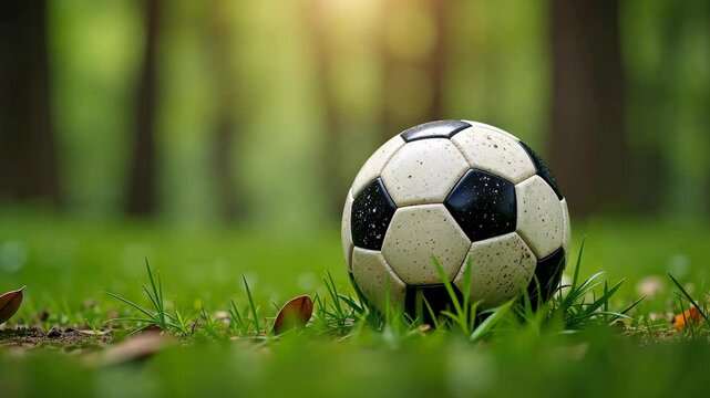 4k footage of a soccer ball lying on the grass close up