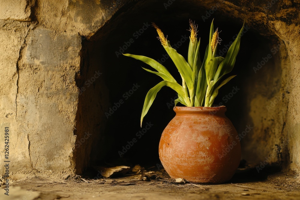 Aufkleber ceramic pot with vibrant green plants displayed in a rustic setting by a stone wall