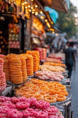 Display of sweet jalebi treats, street market scene with lights at dusk, India