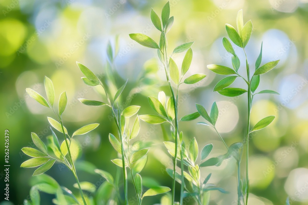 Poster fresh green leaves illuminated by soft sunlight in a serene garden setting during springtime