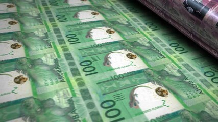 Aruba money Aruban florin banknotes printing roll machine loop. Paper 100 AWG bank note print 3d looping seamless. Abstract concept of banking, finance, economy and crisis.