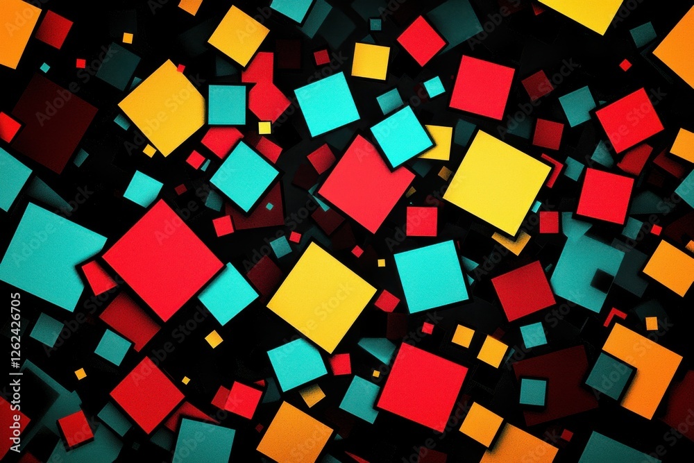 Poster an abstract geometric background with a dynamic array of colorful squares in yellow, red, and blue, 