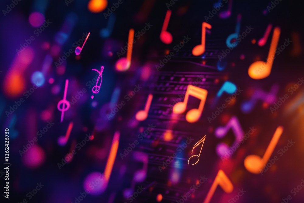 Poster vibrant musical notes dancing on a colorful background creating a joyful atmosphere in a lively sett