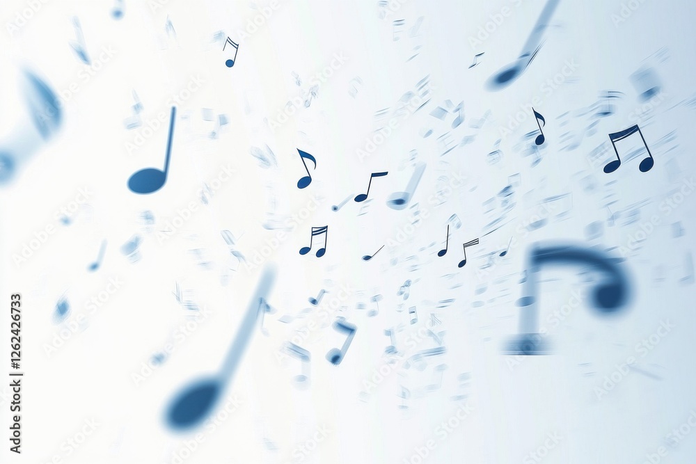 Fototapete Musical notes floating through the air in an abstract blue background, creating a sense of rhythm and harmony in the atmosphere