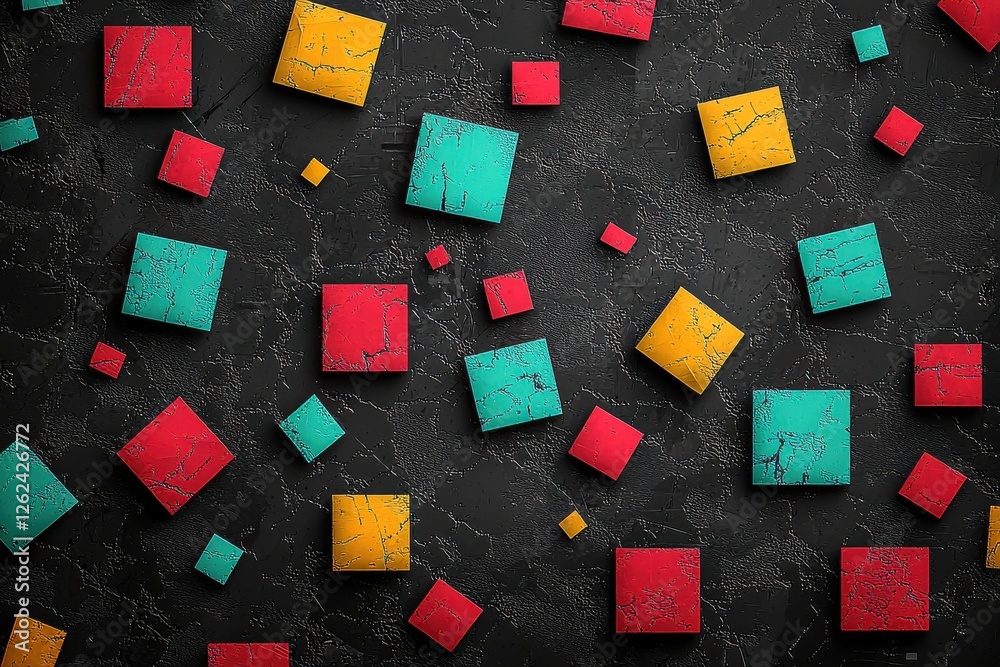 Poster abstract 3d geometric pattern with colorful squares on a dark, textured surface, creating a modern a