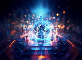 Obraz premium A vibrant double exposure artwork with a glowing globe at the center. Digital and organic elements blend with bright lights creating an intricate futuristic scene.