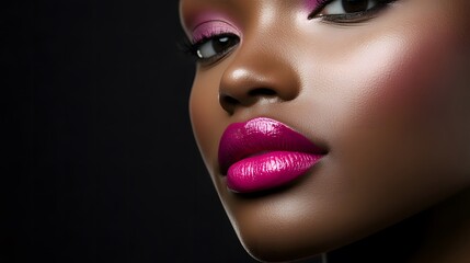 A striking female model with vibrant pink lips, half her face in shadow, exuding bold elegance and mystery