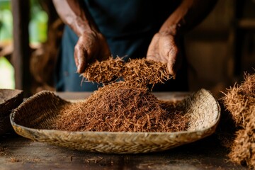 Farmer prepares plant based ingredient. Craft and agriculture background usage