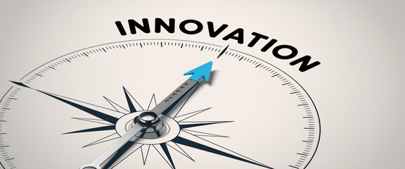 Close-up of a compass pointing to "INNOVATION," showcasing a blue arrow symbolizing leadership, progress, and forward-thinking ideas, highlighting business success and growth.