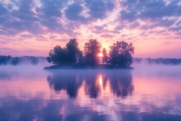Misty Sunrise over Serene Island Lake