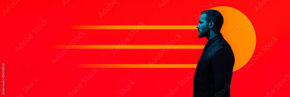 Poster a sleek silhouette wearing a suit adorned with sharp, angular motifs in high-contrast colors, with