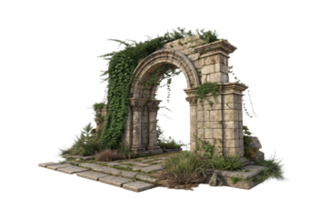 A crumbling stone arch, partially collapsed and overtaken by thick ivy, stands on a weathered stone path, surrounded by wild grass and small bushes, isolated on a transparent background