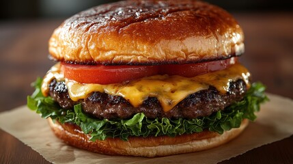 Juicy Cheeseburger with Lettuce and Tomato on a Sesame Seed Bun