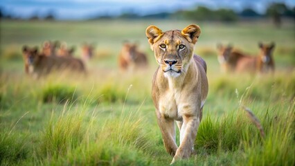 Obraz premium Majestic Lioness Walking Through Lush Grass in Serene Landscape