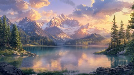 Fototapeta premium Majestic Mountain Lake at Sunset: A Serene Landscape Painting