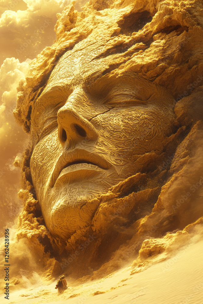 Poster an ethereal scene of a grand mask propped against a windswept dune, golden rays accentuating the