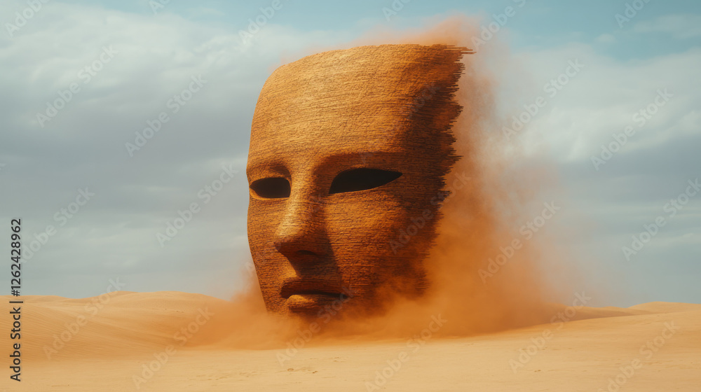Poster a partially obscured pharaoh mask emerging from rolling sand hills, the warm breeze creating soft,