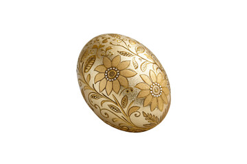 A golden egg decorated with large, embossed floral motifs, swirling vines, and pearl-like embellishments, exuding a vintage, artisanal elegance, isolated on a transparent background
