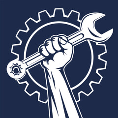 Labor Day. Powerful Hand Gripping Wrench and Gear - Vector Graphic work tool skill repair   