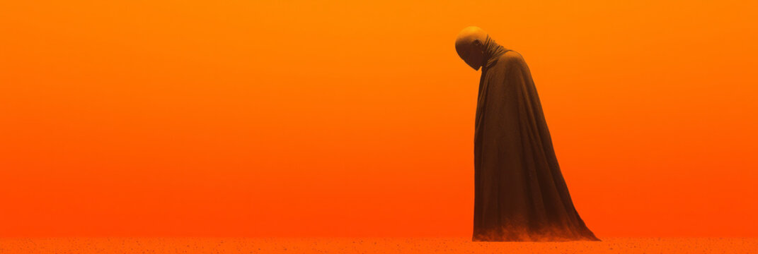 A near-silhouette shot of the mask&acirc;&euro;&trade;s profile against glowing desert skies, grains of sand