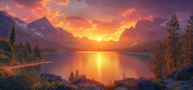 Majestic Sunset over Mountain Lake