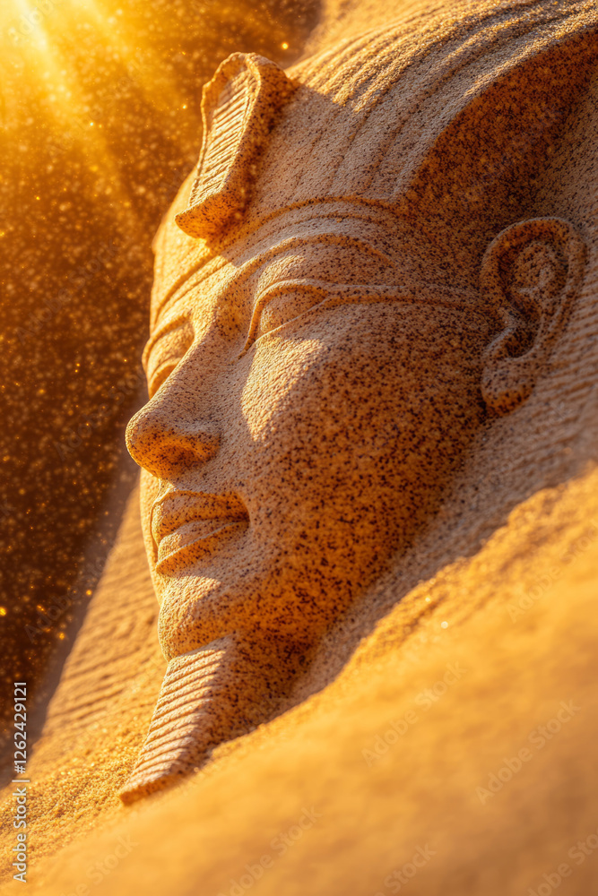 Aufkleber a portrait-style capture of the pharaohâ€™s face, the mask gleaming in the last rays of sun, subtle