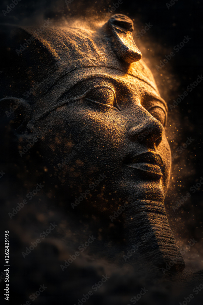 Poster A portrait-style capture of the pharaohâ€™s face, the mask gleaming in the last rays of sun, subtle
