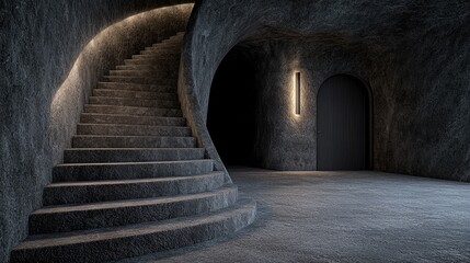 Dark stone spiral staircase in cave, door, background