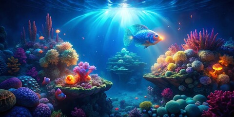 Naklejka premium Stunning Drone Aerial View of Bioluminescent Mandarinfish in Deep Ocean, Vibrant Underwater Scene