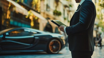 Business Professional Reviewing Records on Tablet in Urban Setting