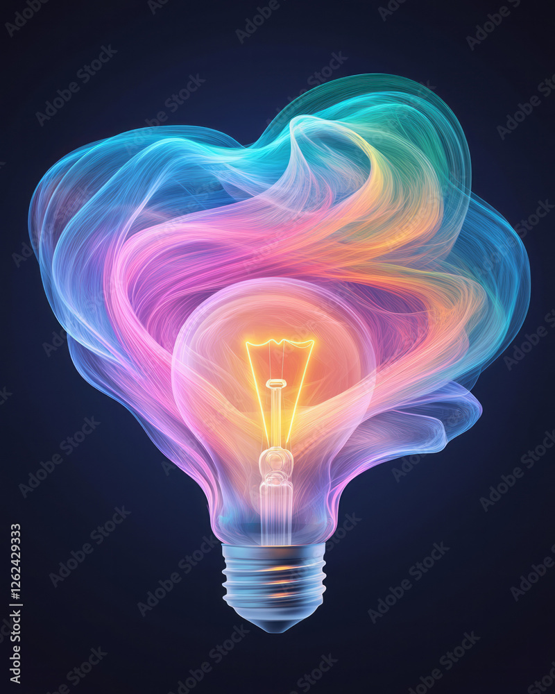 Poster a dreamy capture of a warm-lit bulb at the center, exploding into swirling, multicolor paint waves